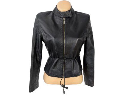 KOŽENÁ dámská černá bunda na zip s páskem LC Collection S
