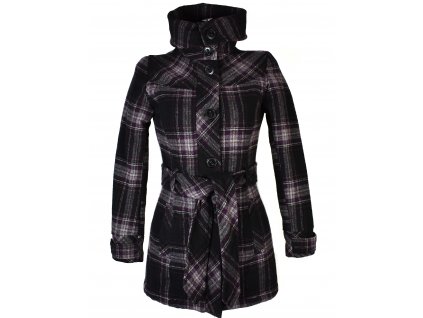 Vlněný (50%) dámský fialovočerný zimní kabát s páskem, límcem XS, S, M