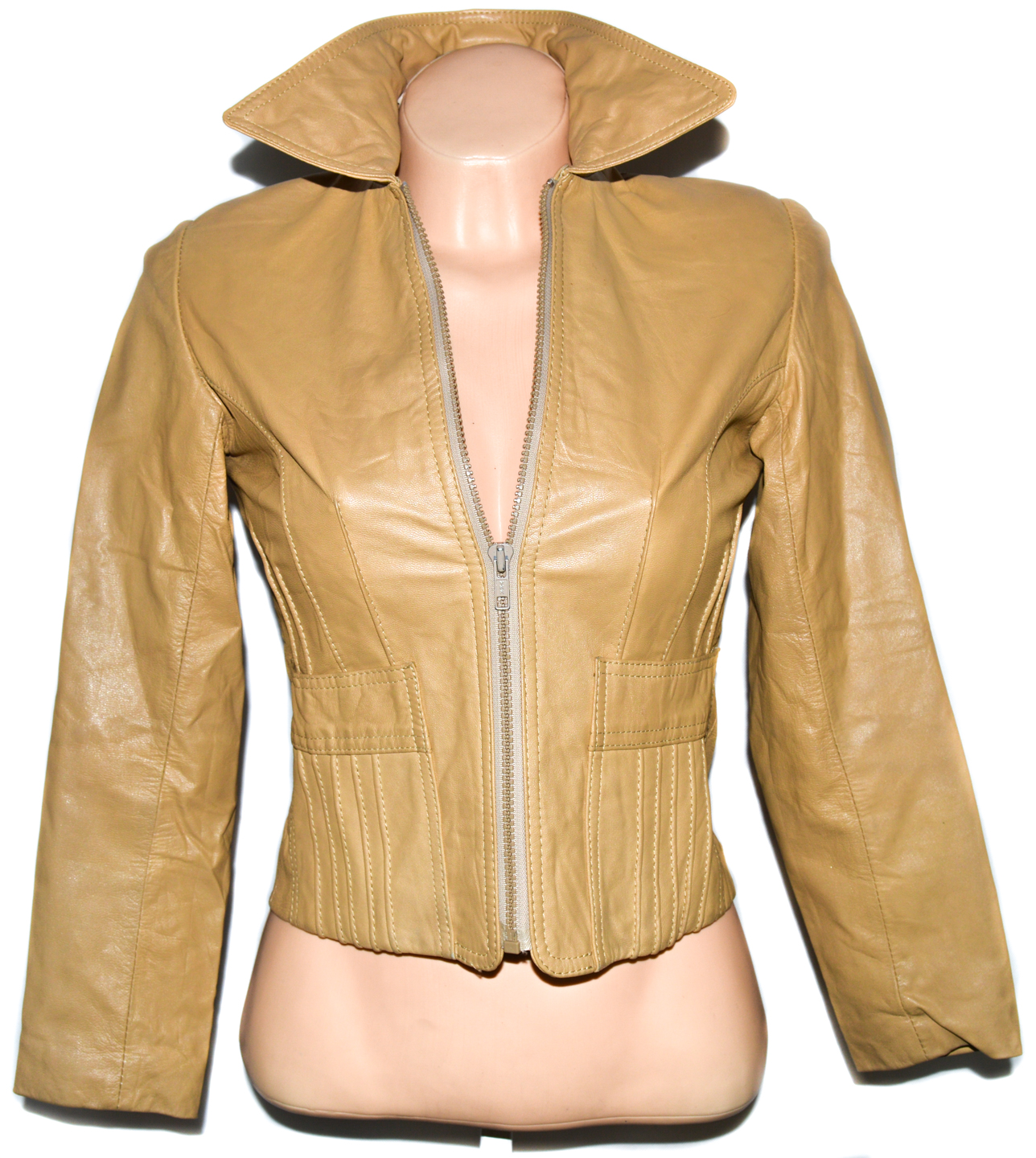 KOŽENÁ dámská béžová měkká bunda na zip XS