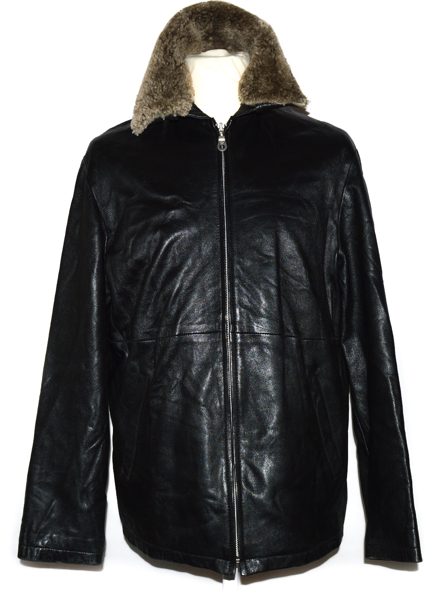 Levně KOŽENÁ pánská černá měkká bunda na zip s kožíškem LINEA M/L