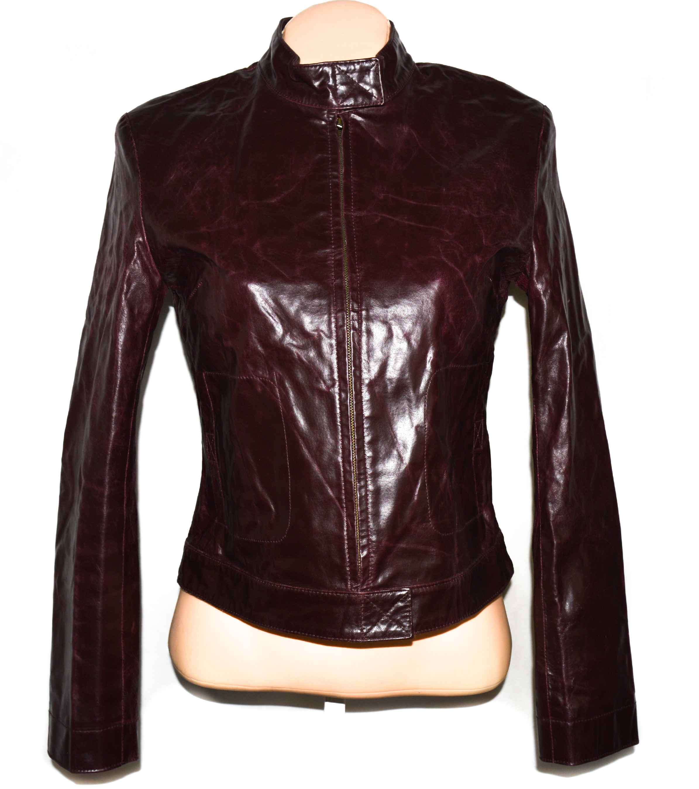 Levně KOŽENÁ dámská vínová bunda na zip ZARA S