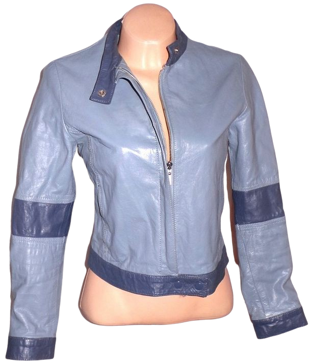 Levně KOŽENÁ dámská modrá bunda na zip Stradivarius M