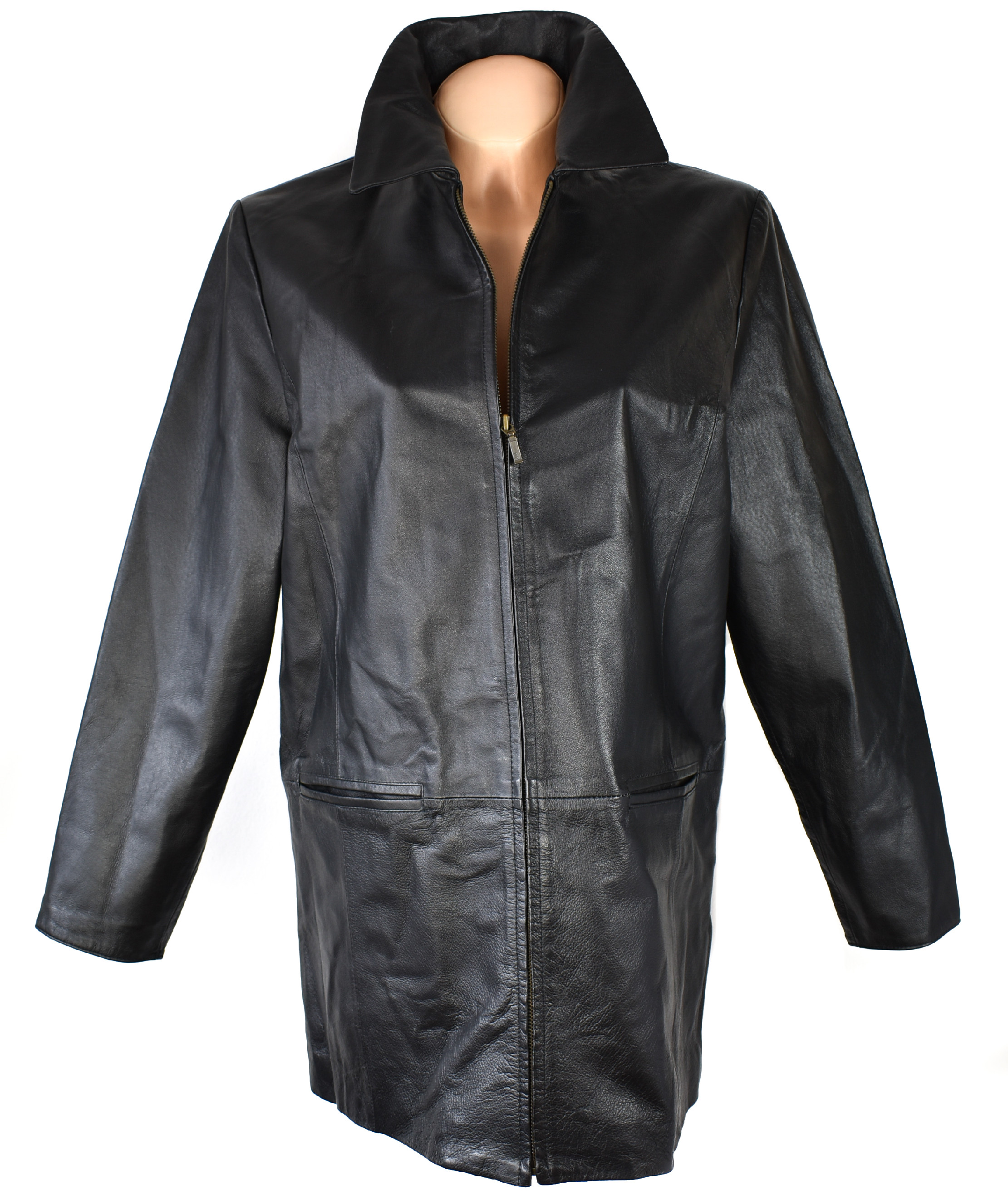 Levně KOŽENÝ dámský černý měkký kabát na zip XL