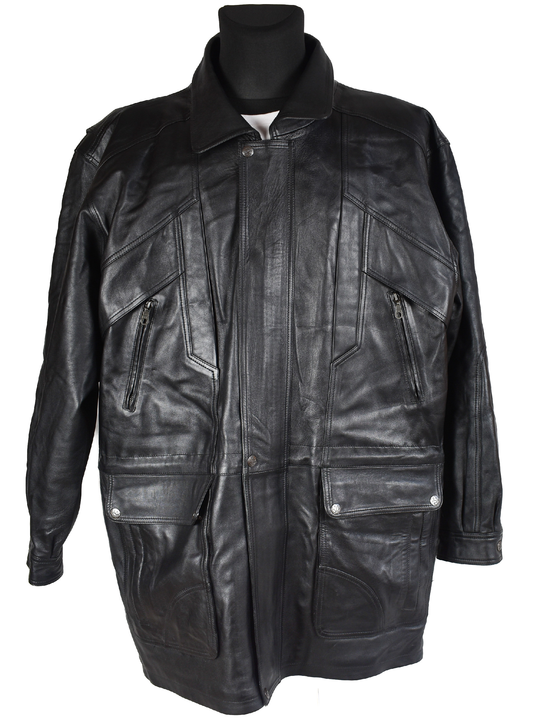 Levně KOŽENÁ pánská černá zateplená bunda na zip XL