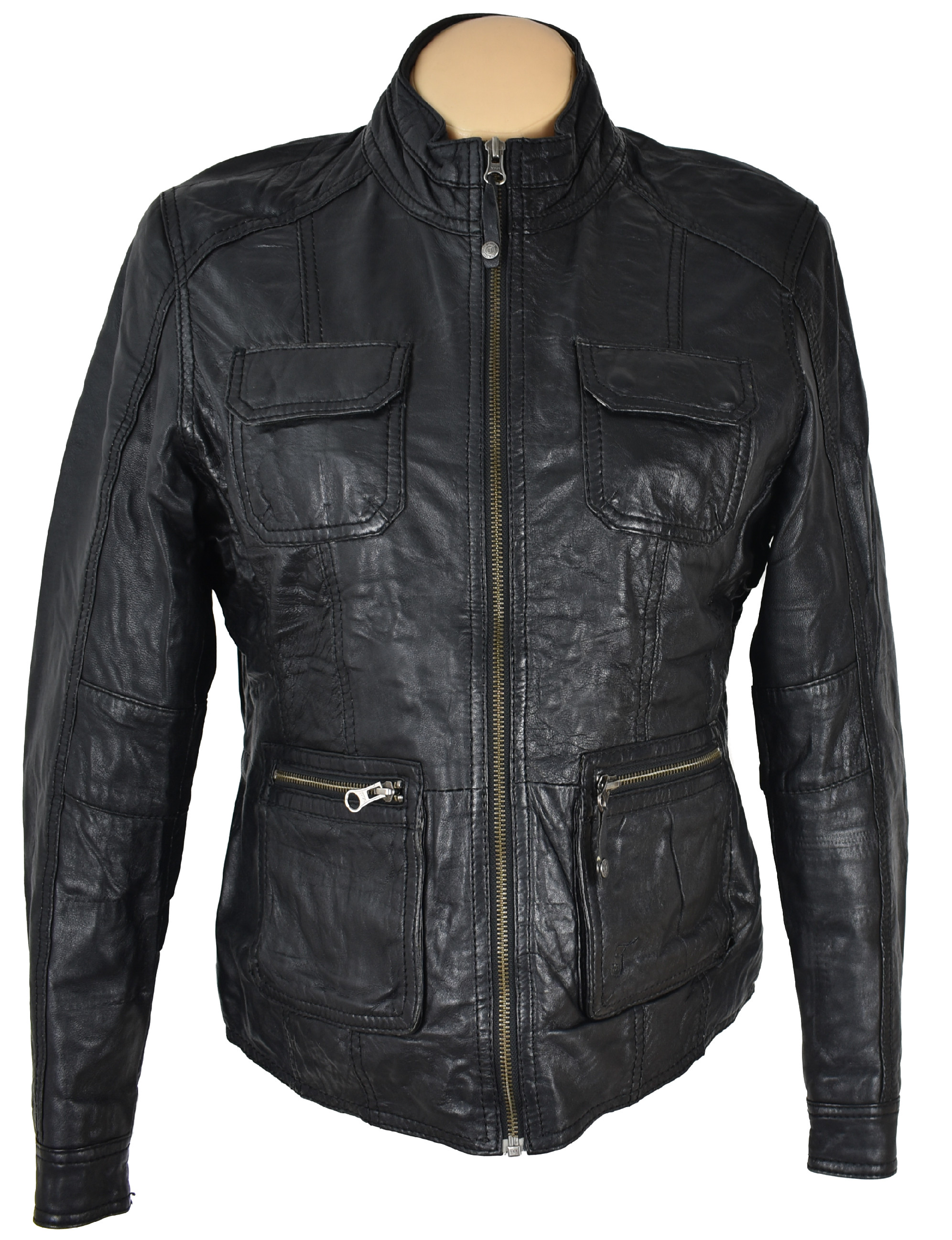 Levně KOŽENÁ dámská černá zateplená bunda na zip Tom Tailor XL