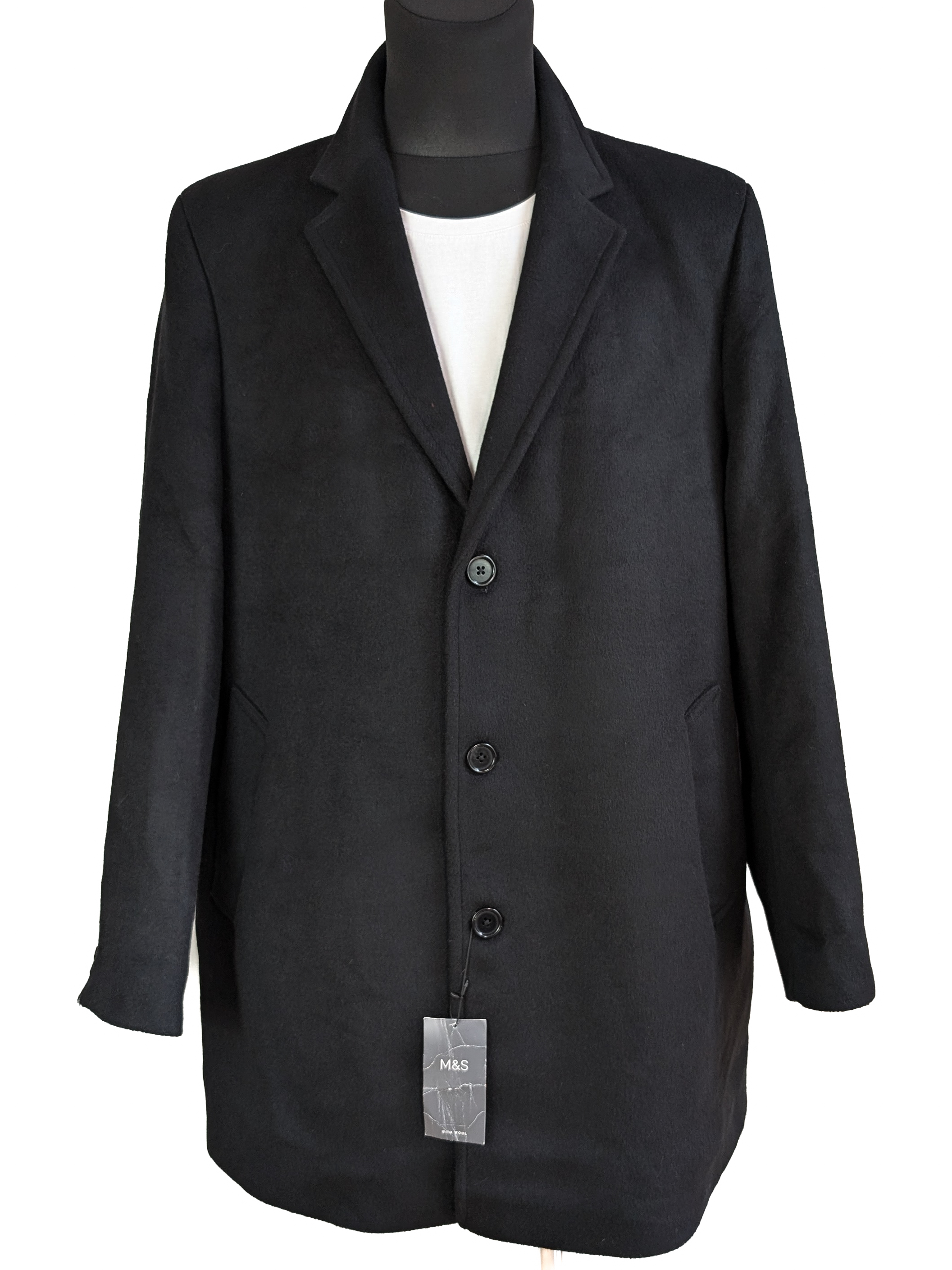 Levně Vlněný pánský černý kabát Marks&Spencer XXL - s cedulkou
