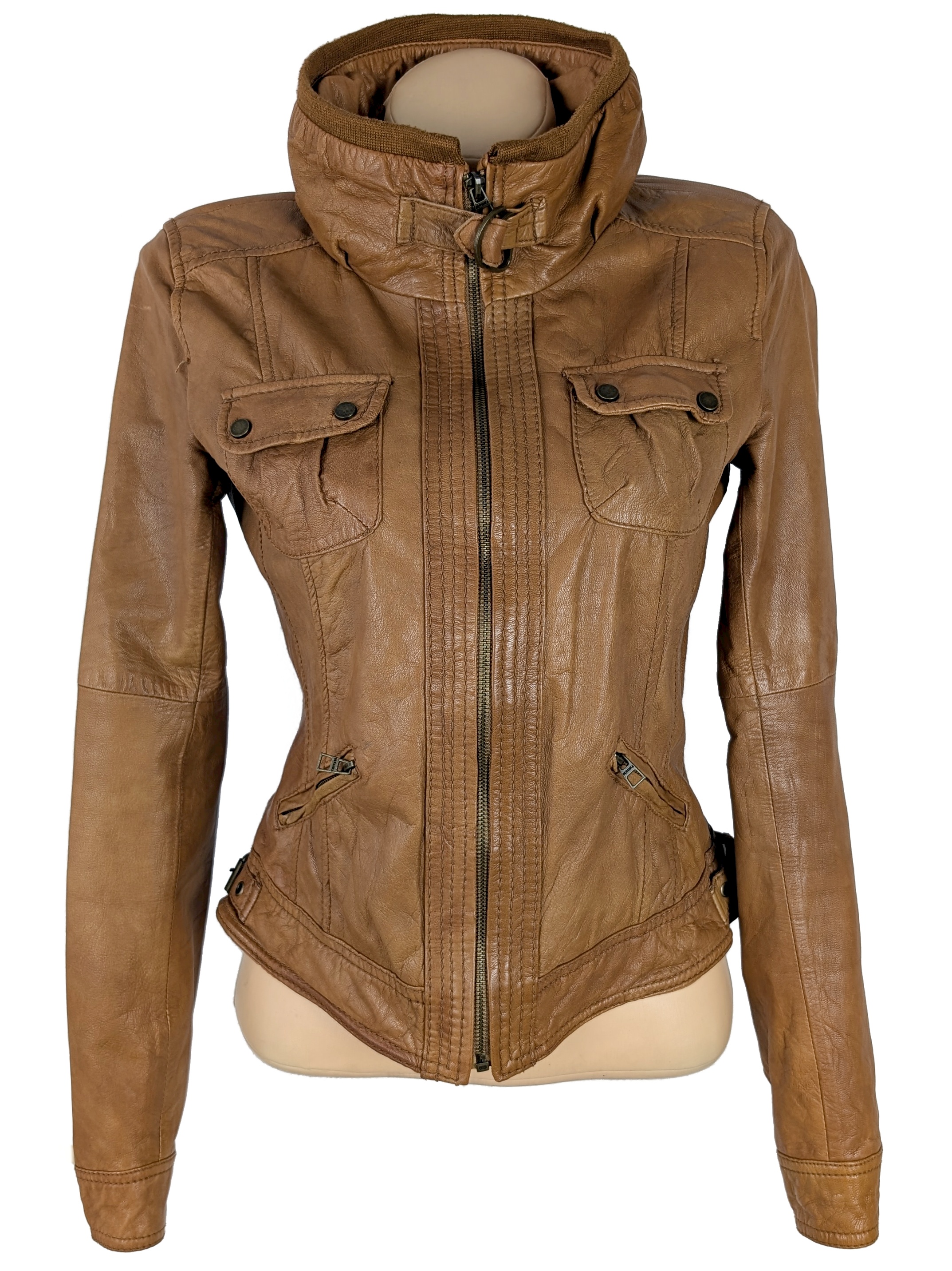 Levně KOŽENÁ dámská hnědá bunda na zip Bershka M