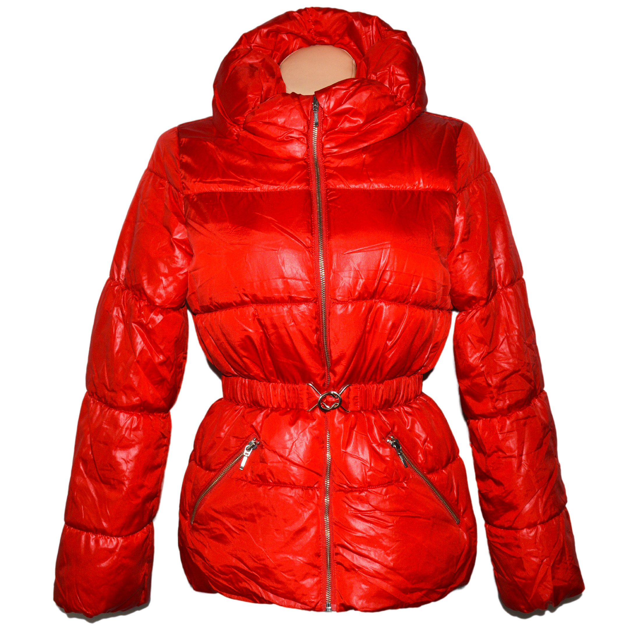 Levně Dámský červený prošívaný kabát s páskem H&M 36, 40