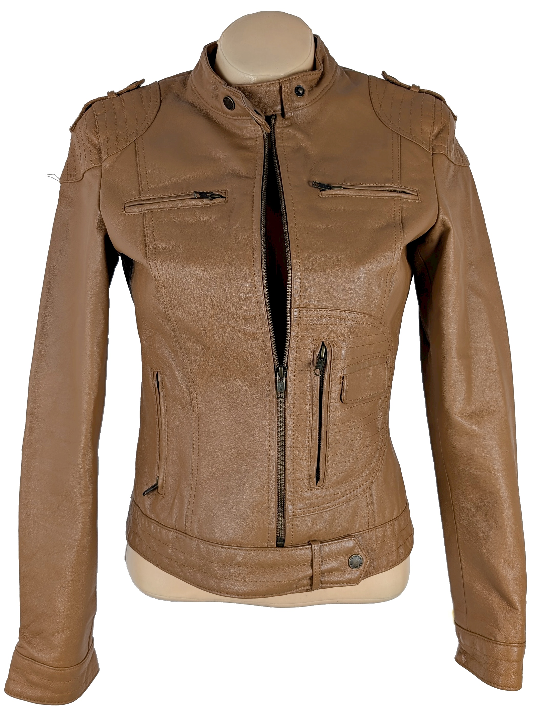 KOŽENÁ dámská hnědá bunda na zip Fishbone XS, S/M