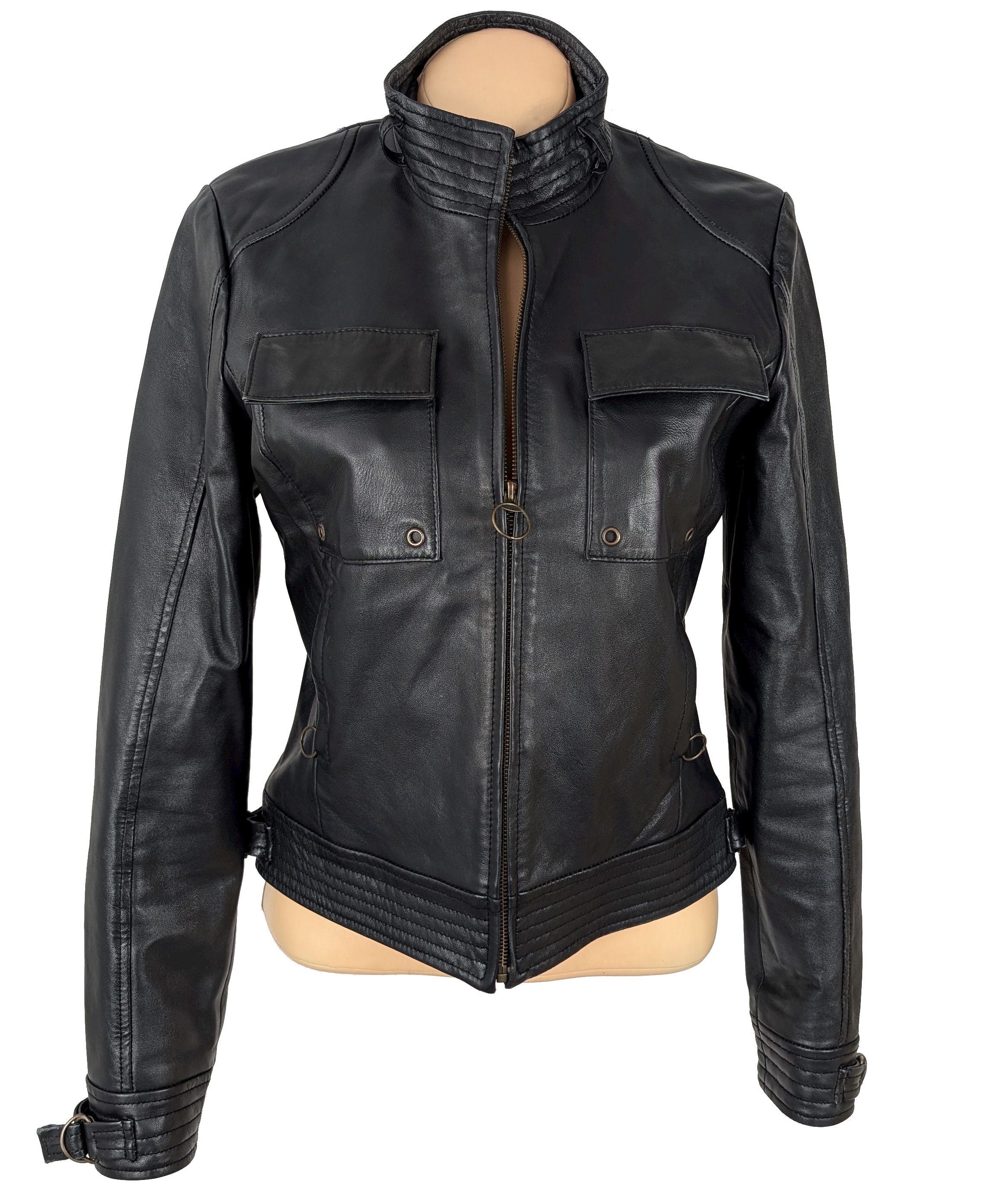 Levně KOŽENÁ dámská černá bunda na zip VERO MODA M/L