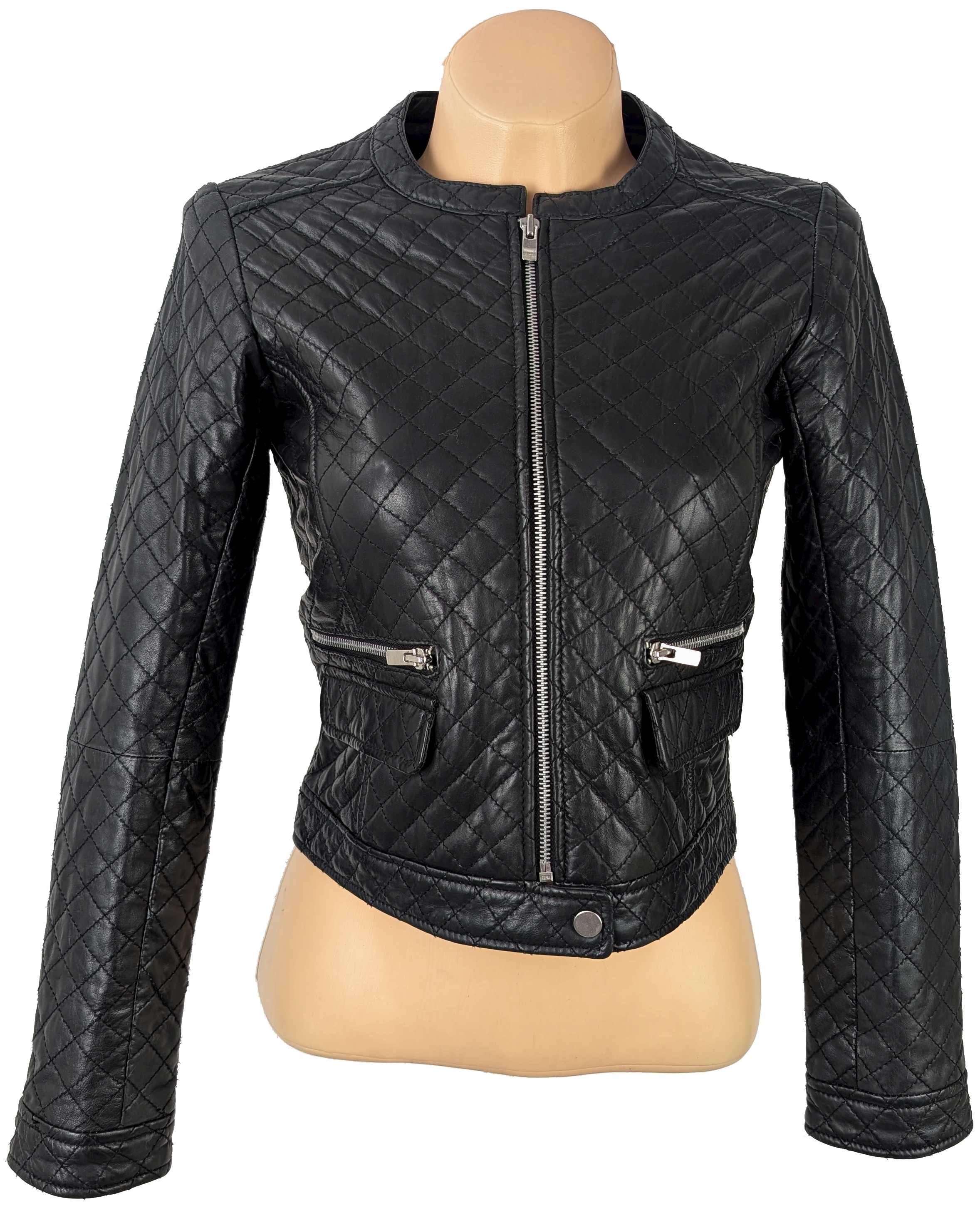 KOŽENÁ dámská černá prošívaná bunda na zip MANGO XS, S