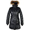 Dámský černý prošívaný kabát s páskem a kapucí s pravým kožíškem G-Rag S