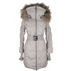 Péřový dámský béžový prošívaný kabát s páskem a kapucí s pravou kožešinou LUO LUO M