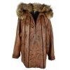 KOŽENÝ dámský hnědý měkký kabát s kapucí s pravou kožešinou Victor Collection L