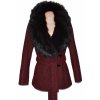 Dámský vínový kabát s páskem a kožešinou H&M S/M, L