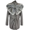 Dámský šedý kabát s páskem a kožešinou XL