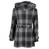 Vlněný (80%) dámský šedočerný zimní kabát s páskem a kapucí L, XL