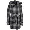 Vlněný (80%) dámský šedočerný zimní kabát s páskem a kapucí L, XL