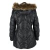 Péřový dámský černý prošívaný kabát s kapucí s pravou kožešinou Snow Lion M