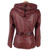 KOŽENÝ dámský červený kabát s páskem a kapucí KARA 40