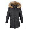 Péřový dámský černý kabát s kapucí s pravou kožešinou Collage L