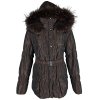 Dámský hnědý prošívaný kabát s páskem a kapucí s pravou kožešinou Anorac 48