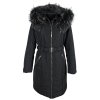 Dámský černý dlouhý prošívaný kabát s páskem a kapucí s pravou kožešinou 46
