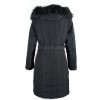 Dámský černý dlouhý prošívaný kabát s páskem a kapucí s pravou kožešinou 46