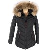 Dámská černá prošívaná bunda s kapucí s pravou kožešinou Moda Piu Anna M