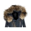 Dámský modrý prošívaný kabát s kapucí s pravou kožešinou Moda Marlene S