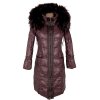 Péřový dámský fialový kabát s kapucí s pravou kožešinou Rufuete S