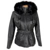 KOŽENÝ dámský černý kabát s páskem a kapucí s pravou kožešinou MAX M