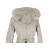 Péřový dámský béžový kabát s páskem a kapucí s pravou kožešinou BluMarine S