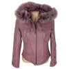 KOŽENÁ dámská růžová bunda s kapucí s pravou kožešinou M