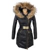 Péřový dámský černý prošívaný kabát s páskem a kapucí s pravou kožešinou Rachel Roy XS