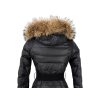 Péřový dámský černý prošívaný kabát s páskem a kapucí s pravou kožešinou Rachel Roy XS