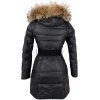 Péřový dámský černý prošívaný kabát s páskem a kapucí s pravou kožešinou Rachel Roy XS