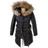 Péřový dámský černý prošívaný kabát s páskem a kapucí s pravou kožešinou Rachel Roy XS