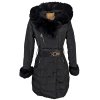 Dámský černý prošívaný kabát s páskem a pravou kožešinou  S