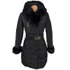 Dámský černý prošívaný kabát s páskem a pravou kožešinou  S