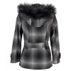 Vlněný (80%) dámský šedý zateplený kostkovaný kabát s páskem a kapucí S