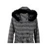 Dámský šedočerný zimní kabát s páskem a kapucí s pravou kožešinou XL