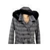 Dámský šedočerný zimní kabát s páskem a kapucí s pravou kožešinou XL