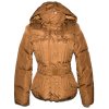 PÉŘOVÝ dámský karamelový prošívaný kabát s páskem a kapucí EDC S