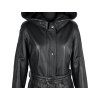 KOŽENÝ dámský černý kabát s páskem a kapucí KARA 38