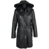 KOŽENÝ dámský černý kabát s páskem a kapucí KARA 38