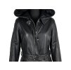 KOŽENÝ dámský černý kabát s páskem a kapucí KARA 38