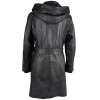 KOŽENÝ dámský černý kabát s páskem a kapucí KARA 38