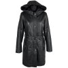 KOŽENÝ dámský černý kabát s páskem a kapucí KARA 38