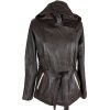 KOŽENÝ dámský hnědý kabát - křivák s páskem a kapucí M